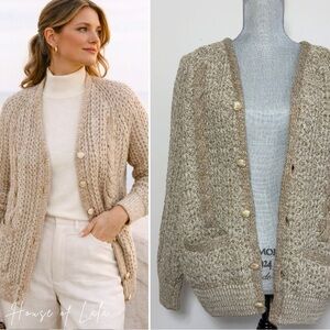 Vintage tan knit button down cardigan sweater. Chunky grandma winter cardigan.